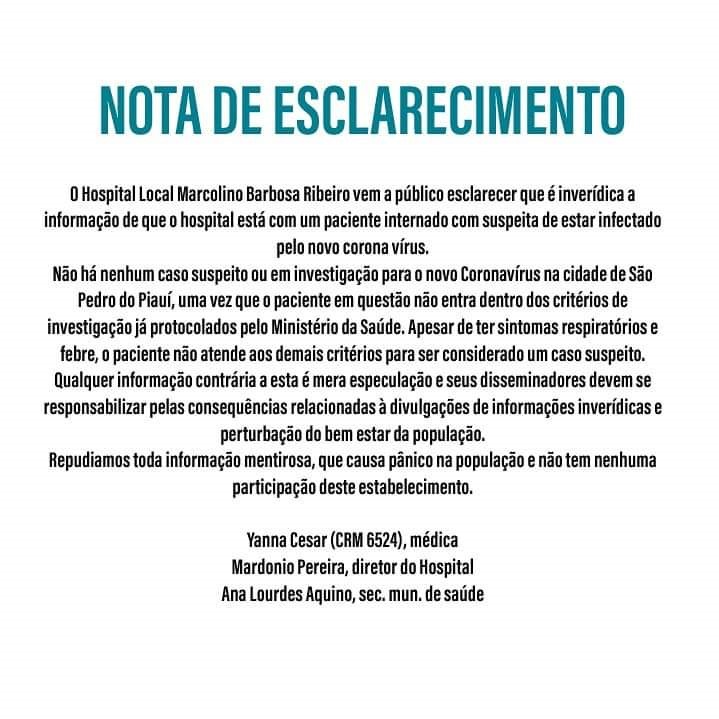 Hospital de São Pedro do Piauí publica nota e desmente suspeita de coronavírus no município
