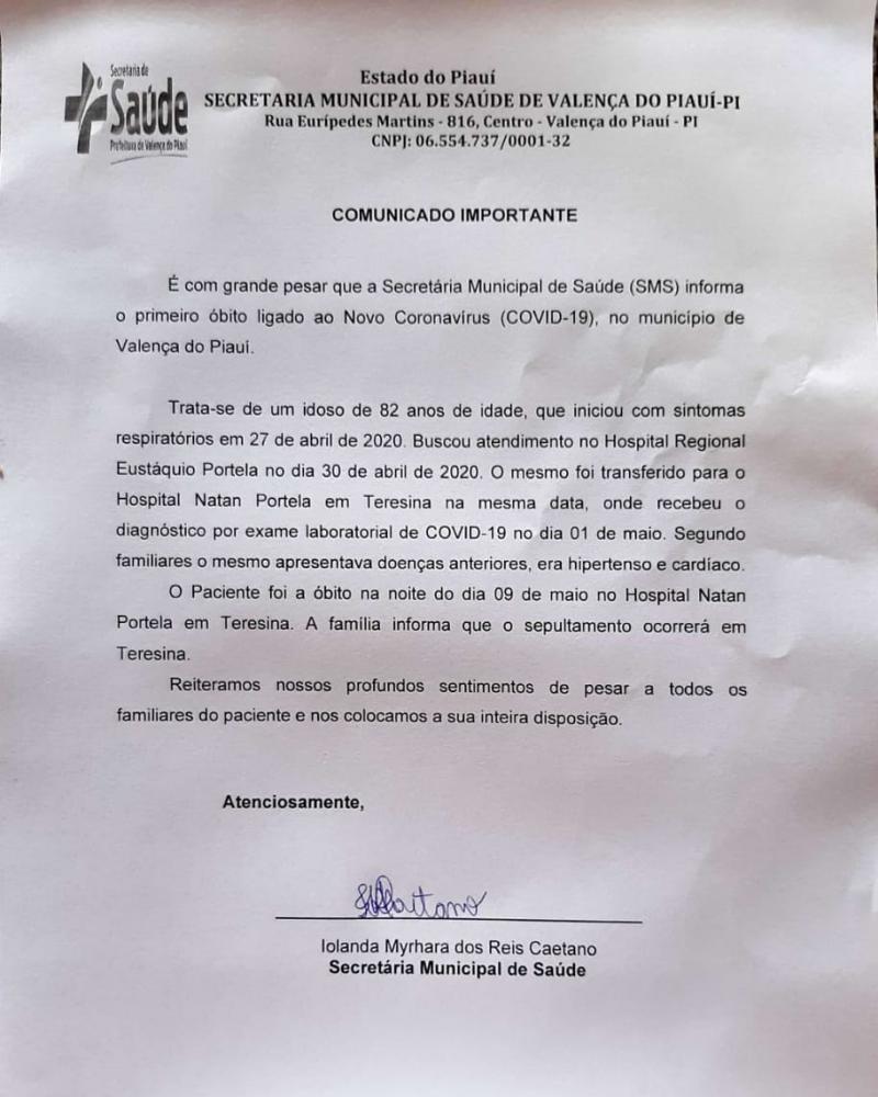 Valença do Piauí tem 1ª morte por Covid-19; idoso de 82 anos