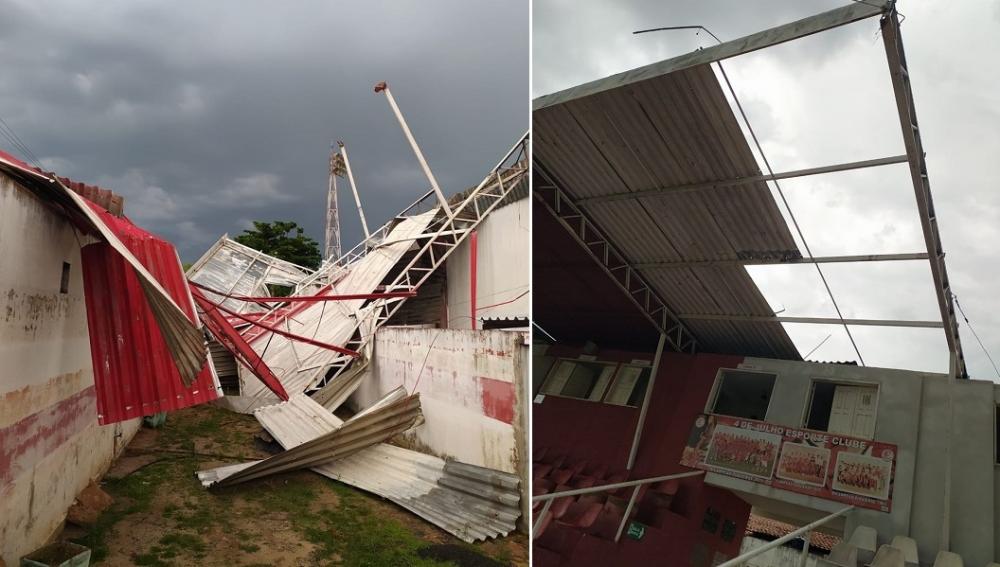 Chuva e forte ventania faz cobertura de estádio na cidade de Piripiri desabar