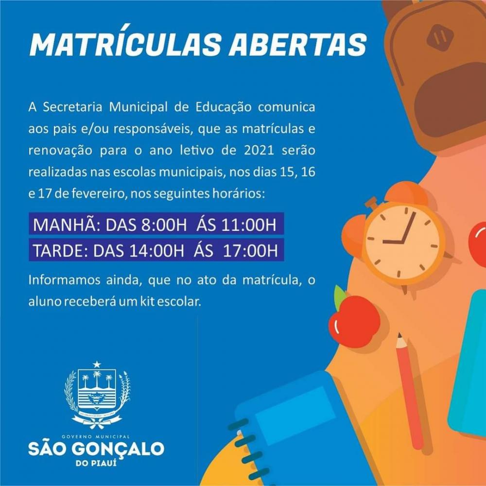 Prefeitura de São Gonçalo do PI informa período de matrícula para início do ano letivo de 2021