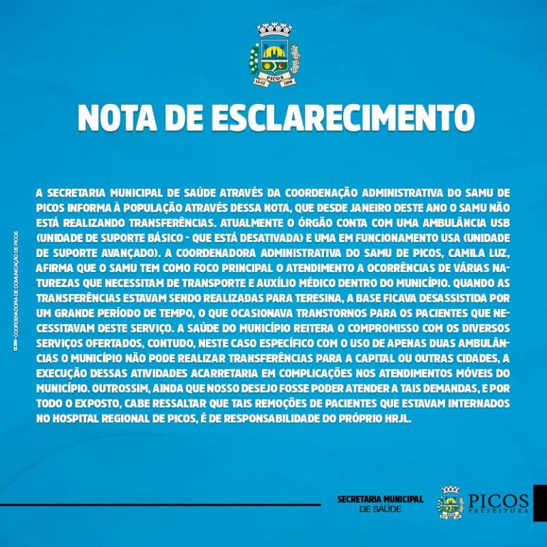 SAMU de Picos esclarece a não realização de transferências de pacientes