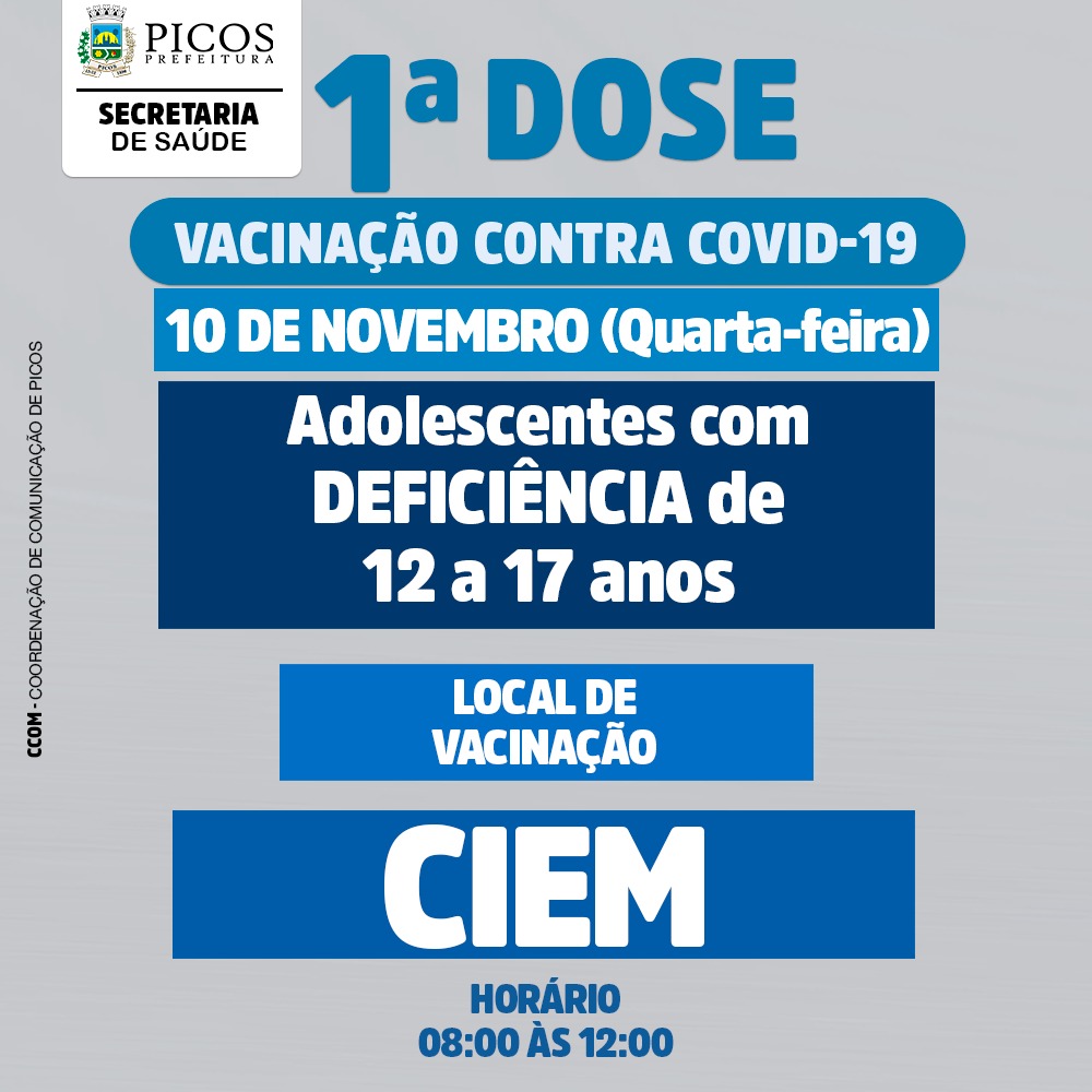 Picos vacinará adolescentes com deficiência de 12 a 17 anos contra Covid-19 