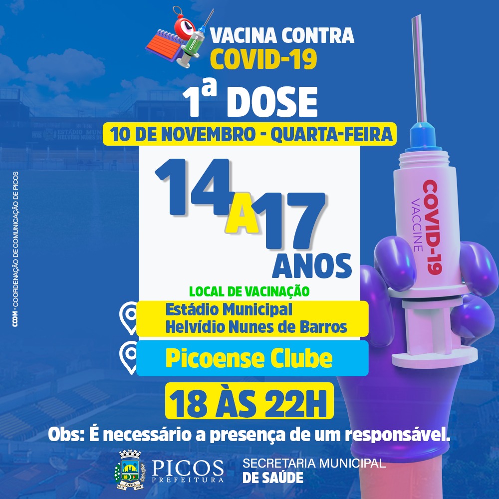Adolescentes de 14 a 17 anos serão vacinados contra a Covid-19 em Picos