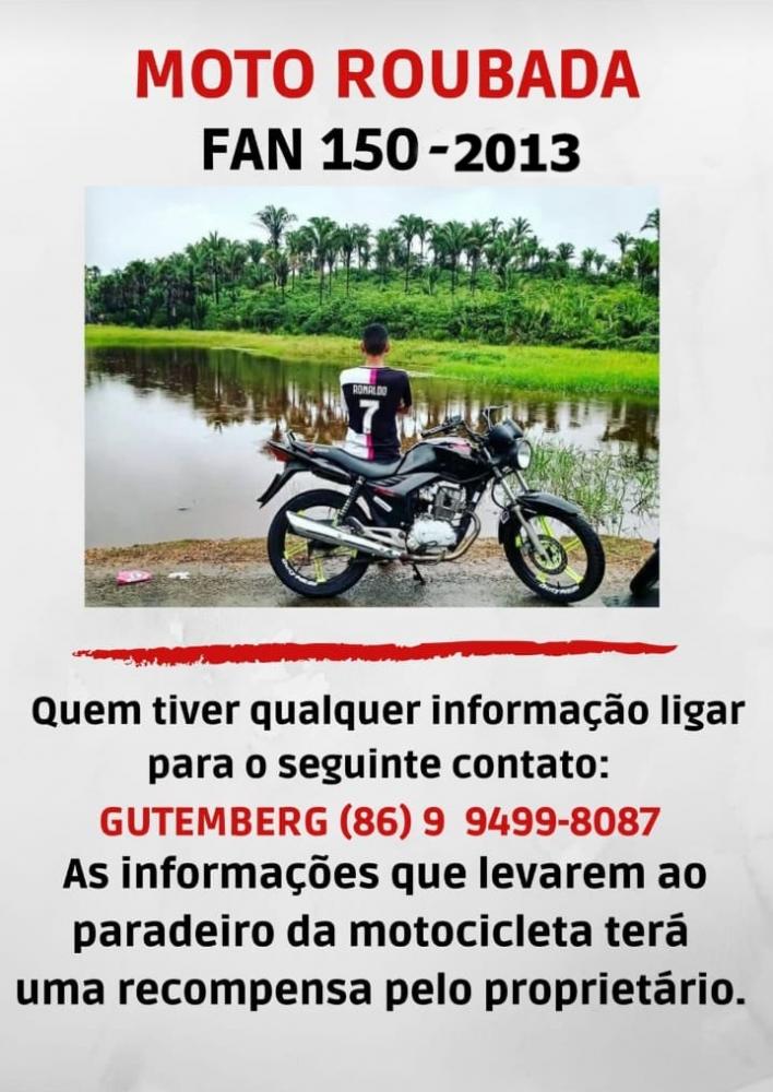 Moto é furtada em São Gonçalo do Piauí e proprietário oferece recompensa por informações