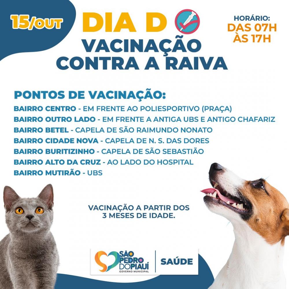 Prefeitura realizará vacinação de cães e gatos neste sábado 15 de outubro