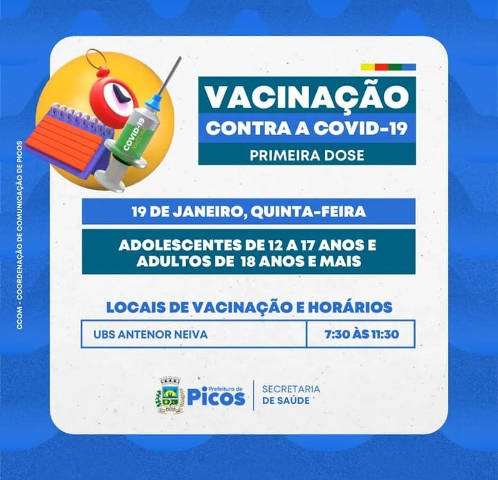 Confira o calendário de imunização contra a Covid-19 para esta quinta-feira (19), em Picos