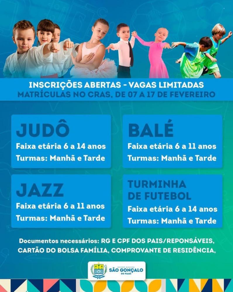 Prefeitura de São Gonçalo do Piauí abre inscrições para oficinas de Judô, Balé, Jazz e Futebol
