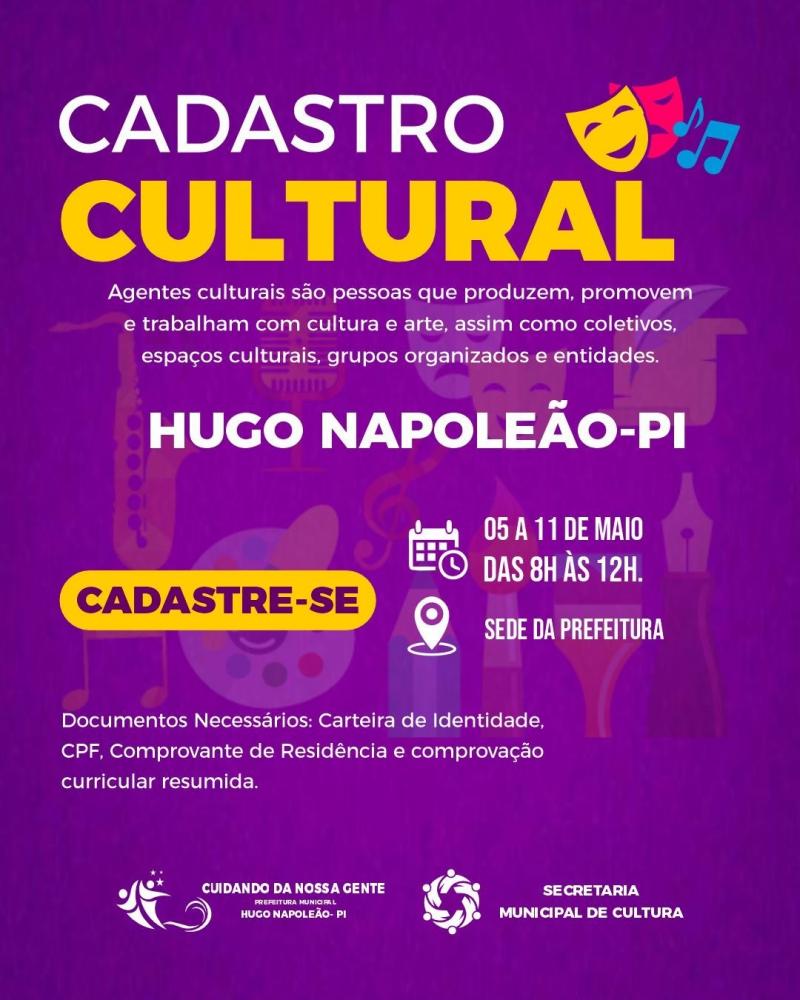 Prefeitura de Hugo Napoleão abre chamada pública para cadastro de Agentes Culturais do município