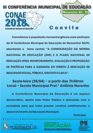Prefeitura convida a população para a III Conferência Municipal de Educação