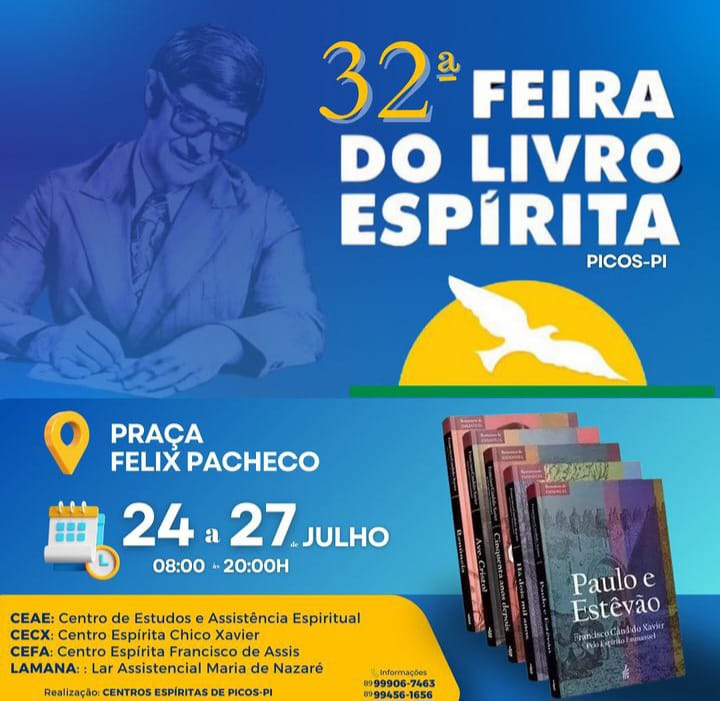 32ª Feira do Livro Espírita de Picos acontece até 27 de julho na Praça Félix Pacheco