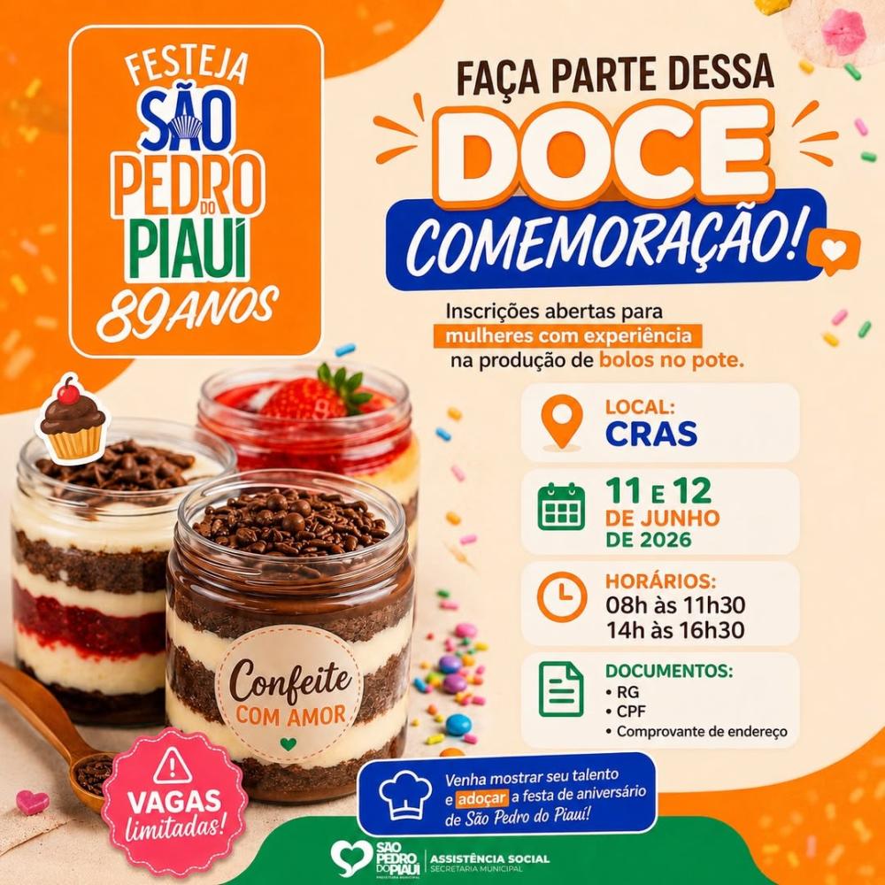 Inscrições abertas: Mulheres de São Pedro do Piauí podem produzir os bolos do pote do aniversário da cidade