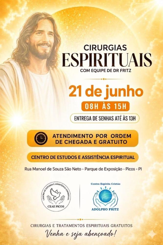 CEAE Picos promove cirurgias espirituais gratuitas com a equipe do Dr. Fritz no dia 21 de junho