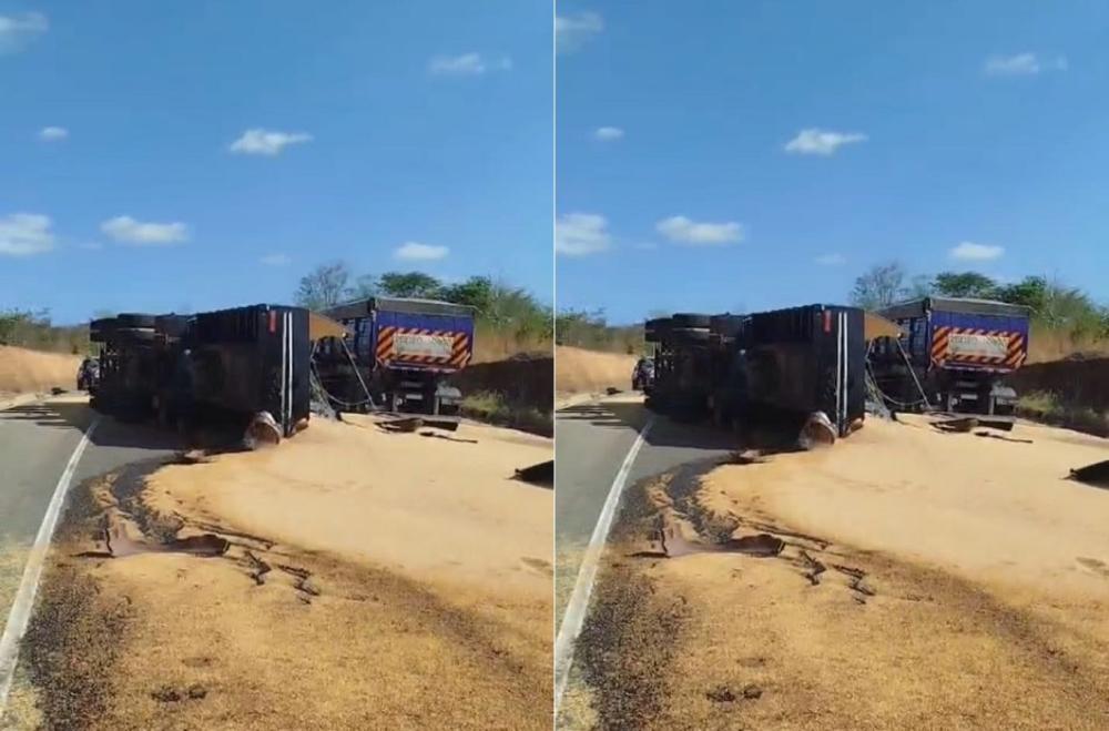 Duas carretas se envolvem em acidente e uma delas tomba no Rodoanel de Regeneração; veículos transportavam soja e brita