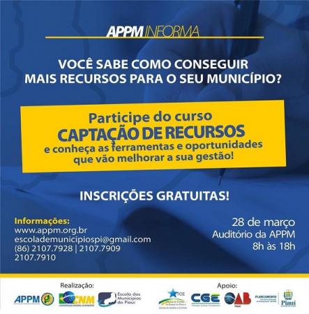 Atenção gestor municipal! APPM realizará curso 'Captação de Recursos' nesta quinta-feira (28/03)