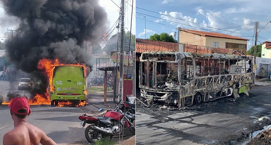 Ônibus coletivo e moto são destruídos por fogo após colisão em Teresina